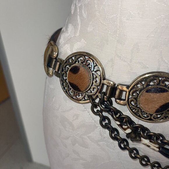 Streets Ahead Vintage Womens Belt Size Large Brown Pony Hair Brass Layered - Picture 5 of 16